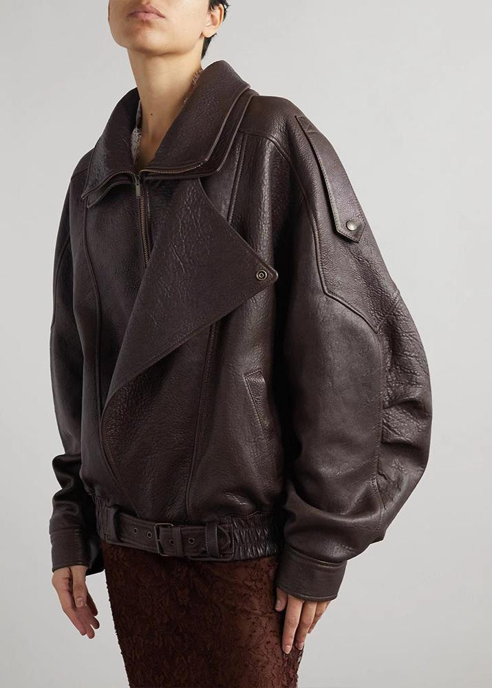 Esme women's oversized leather bomber jacket by Jesie-London, shown in black with a relaxed fit and classic bomber style.