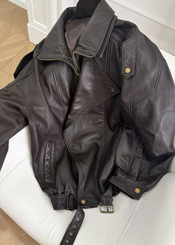 Women’s oversized leather bomber jacket by Jesie-London, Esme, featuring a stylish relaxed fit and classic leather texture.