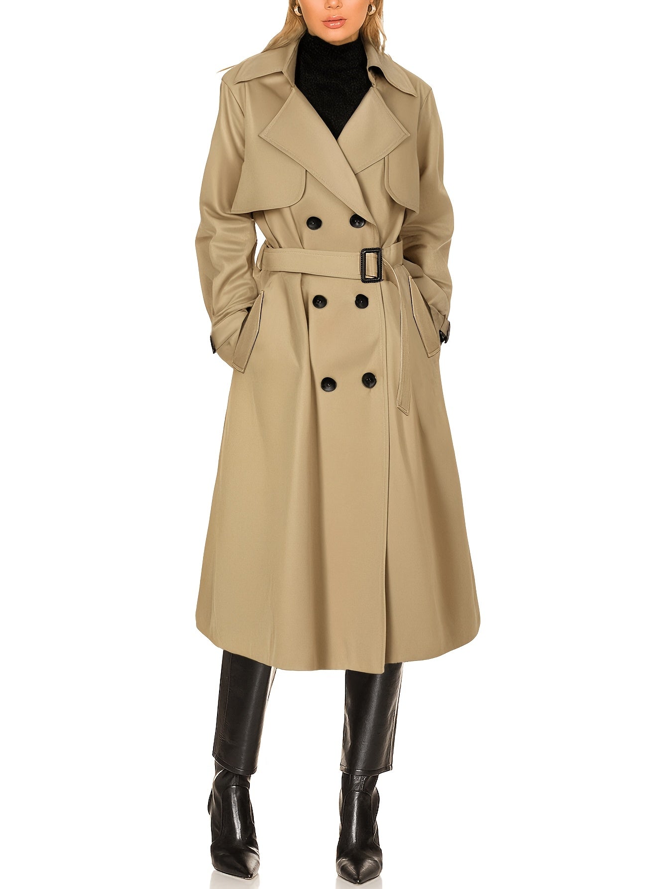 Women’s longline office trench coat by Jesie-London, elegant and stylish in classic beige fabric with lapels and belt.