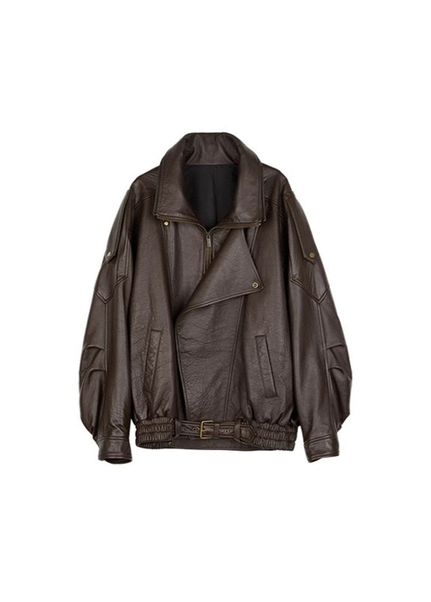 Esme Jesie-London women's oversized leather bomber jacket displayed on a hanger, showing its classic design and rich leather texture.