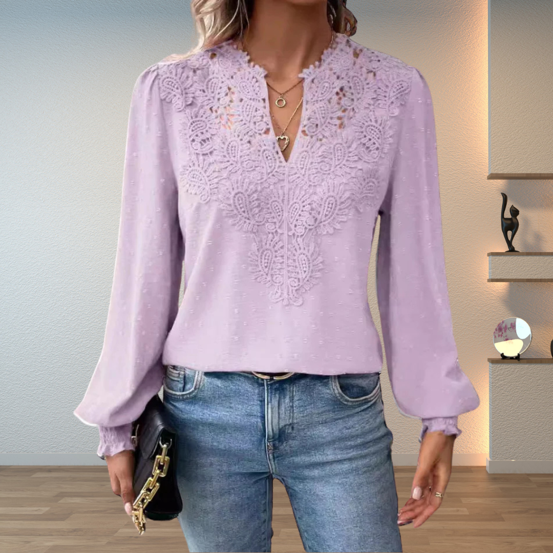 Jesie-London Darcey women's V-neck long sleeve blouse with floral details, featuring a stylish and feminine design.