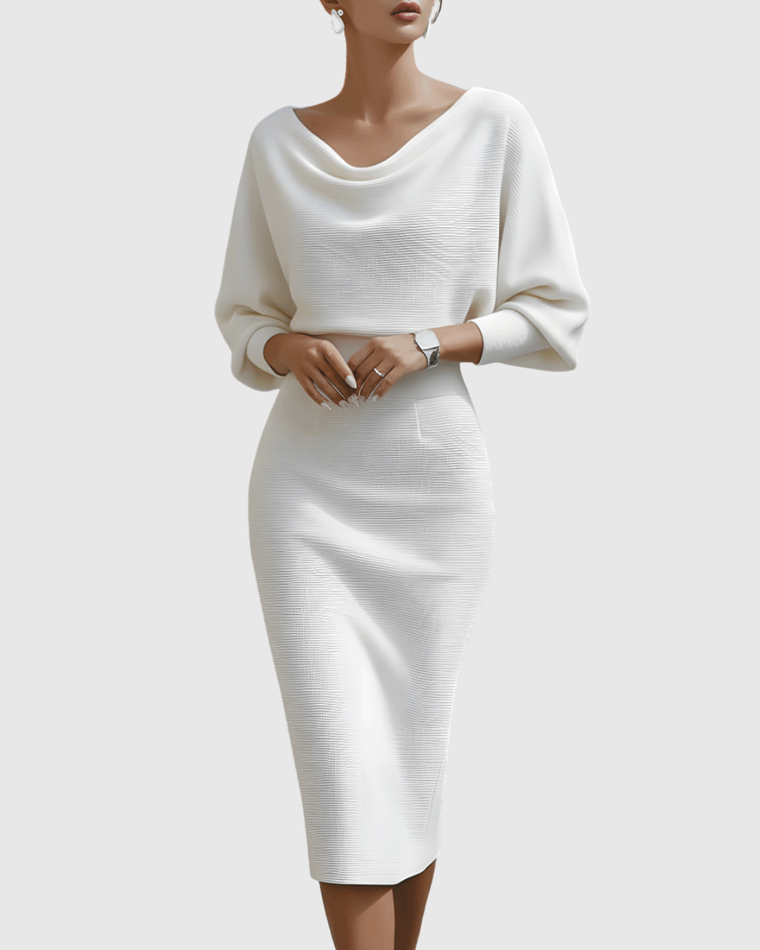 Jesie-London Grace women's elegant draped knit midi dress displayed on a model, showcasing its sophisticated style and flowing fabric.