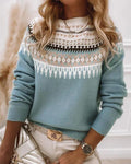 Women’s spring pattern crewneck sweater by Jesie-London featuring colorful floral designs on soft fabric.