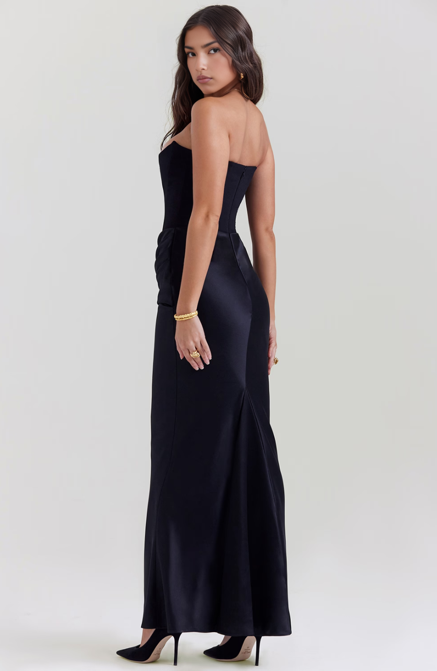 Jesie-London Camille women's strapless corset bodycon maxi dress, shown in elegant black with fitted bodice and flowing skirt.
