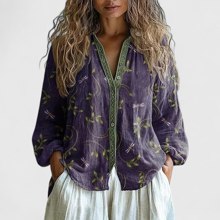 Jesie-London Bella women's printed casual button-front top with floral pattern and short sleeves, perfect for everyday wear.