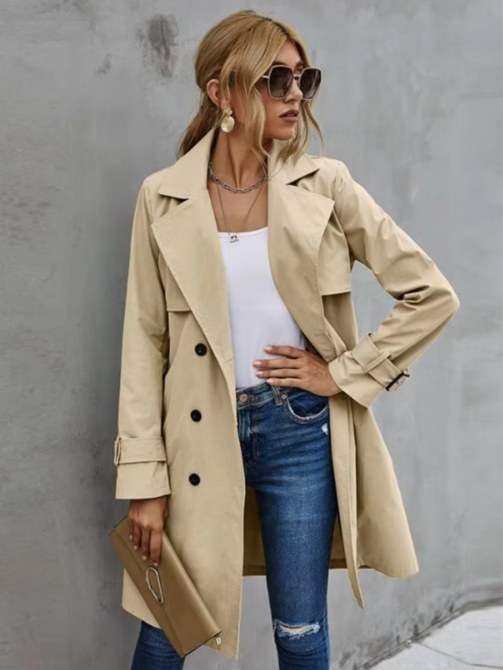 Jesie-London Stella women's trench coat with double-breasted buttons and belt, stylish outerwear for a sophisticated look.