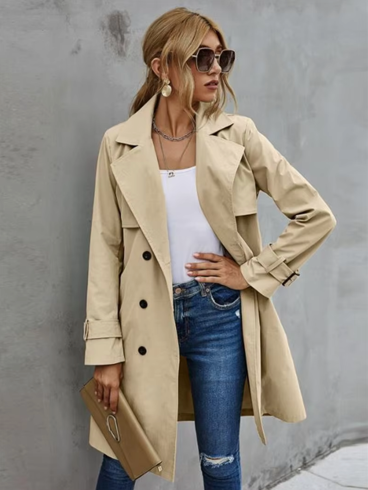 Jesie-London Stella women's trench coat with double-breasted buttons and belt, stylish outerwear for a sophisticated look.