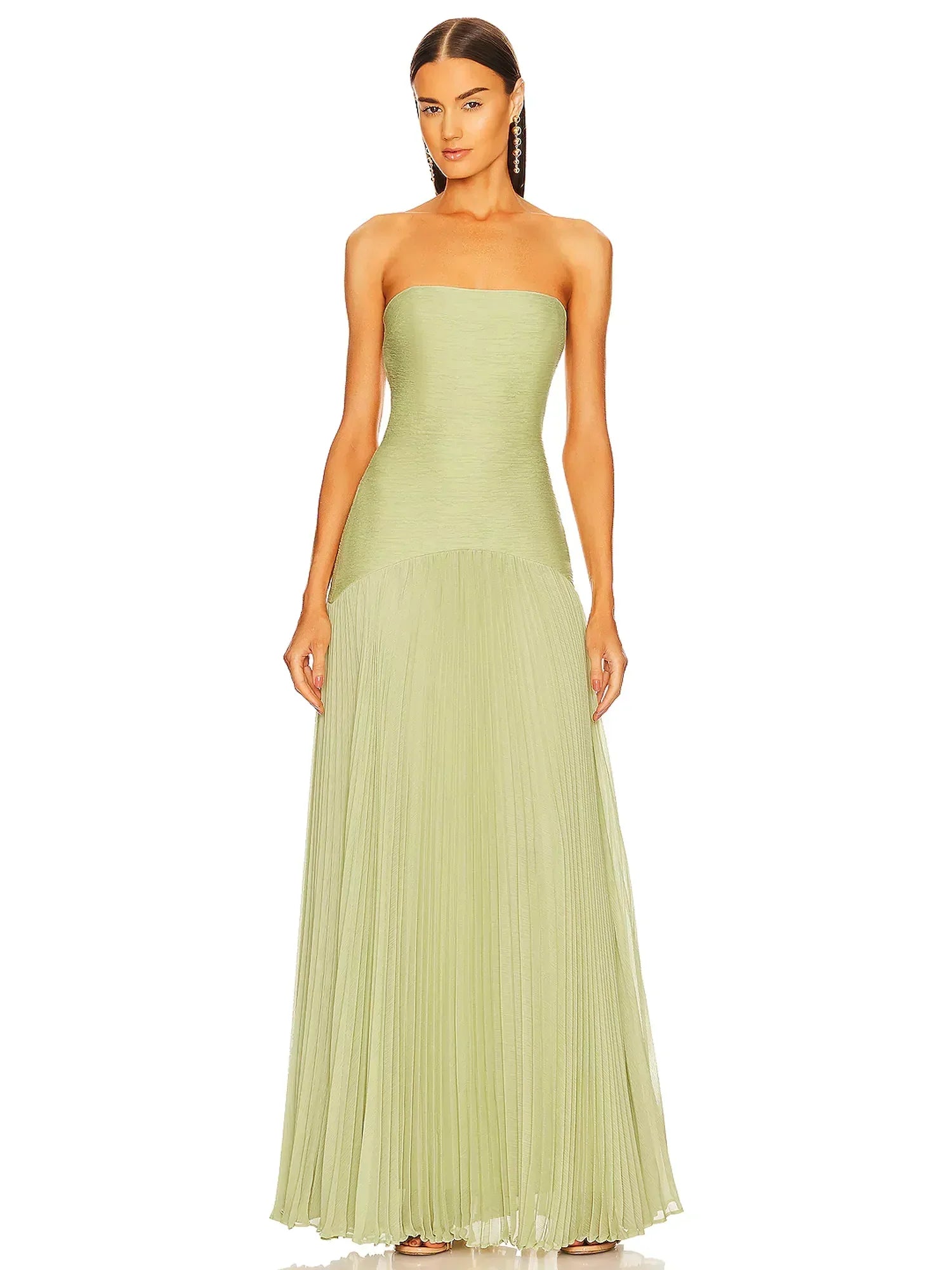 Jesie-London Clara women's strapless pleated maxi wedding guest dress with flowing fabric and elegant design.