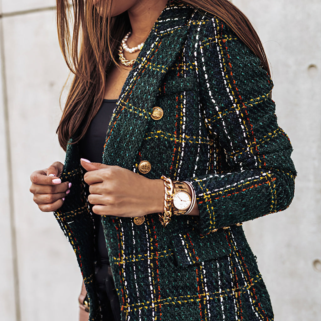 Jesie-London Bella women's check pattern double-breasted blazer with long sleeves, tailored collar, and plaid design for stylish office wear
