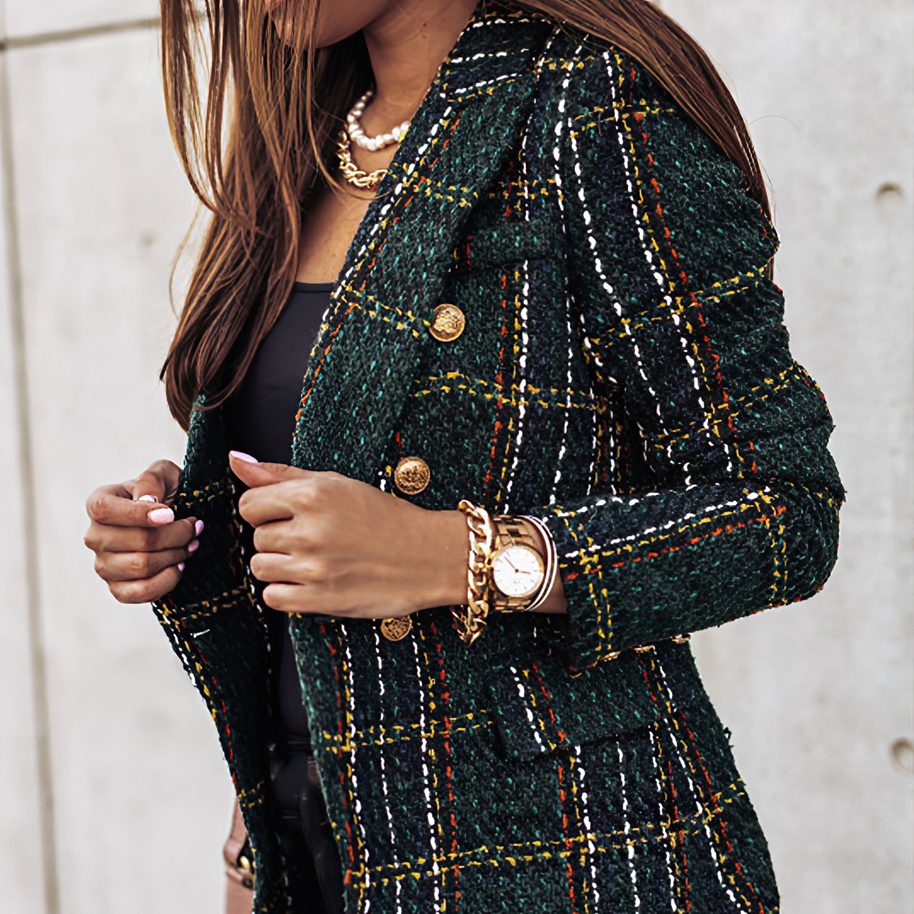 Jesie-London Bella women's check pattern double-breasted blazer with long sleeves, tailored collar, and plaid design for stylish office wear