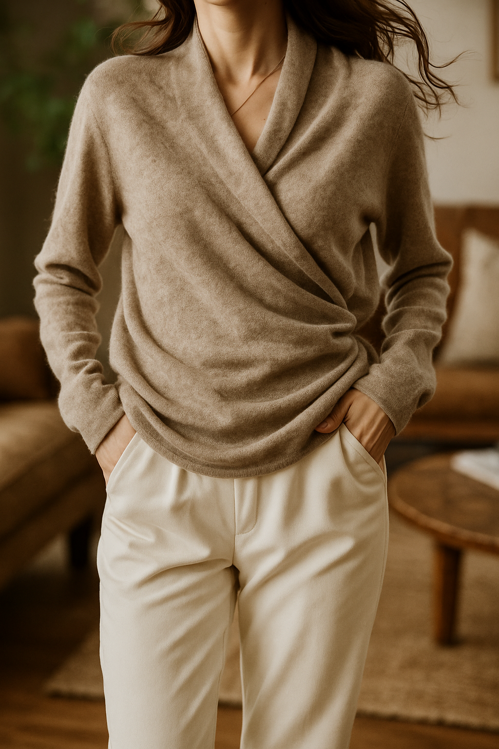 Women’s winter wrap V-neck knit sweater by Jesie-London, cozy cashmere texture, in a soft, elegant design.
