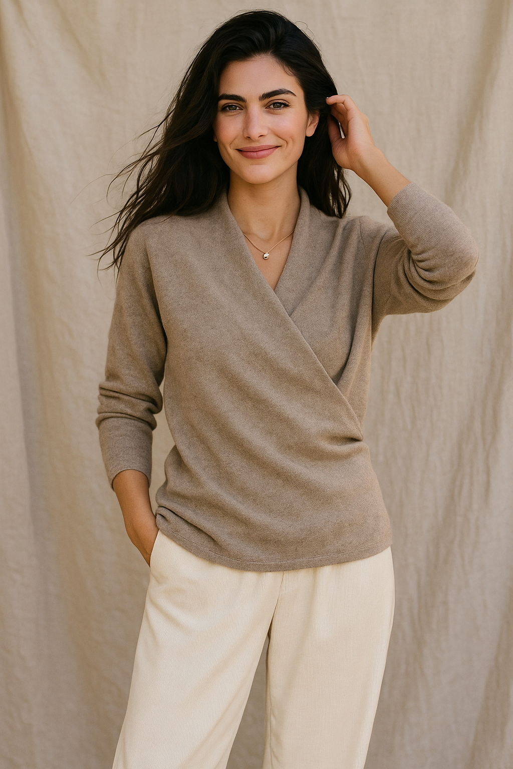 Woman wearing Jesie-London Elizabeth women's winter wrap V-neck knit sweater, cozy and stylish for cold weather.