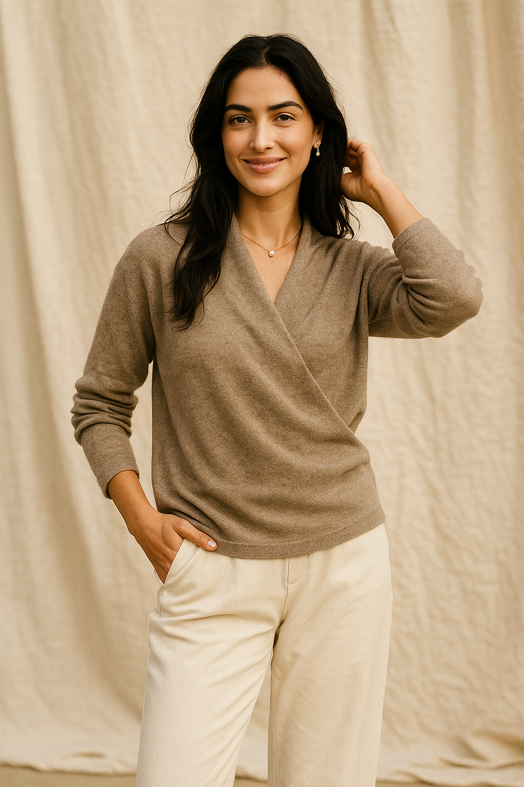 Women’s winter V-neck knit sweater by Jesie-London, model wearing cozy Elizabeth wrap sweater in a relaxed fit.