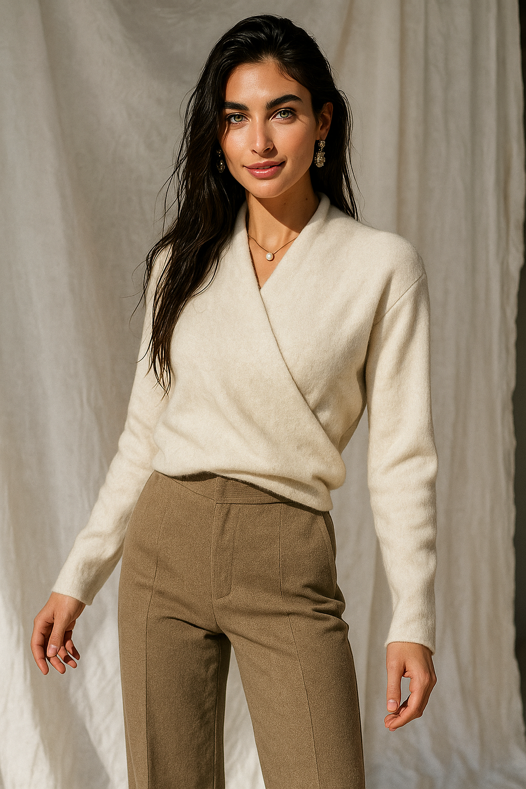 Jesie-London Elizabeth women's winter V-neck knit sweater, cozy wrap design in soft, warm fabric, stylish for cold weather.