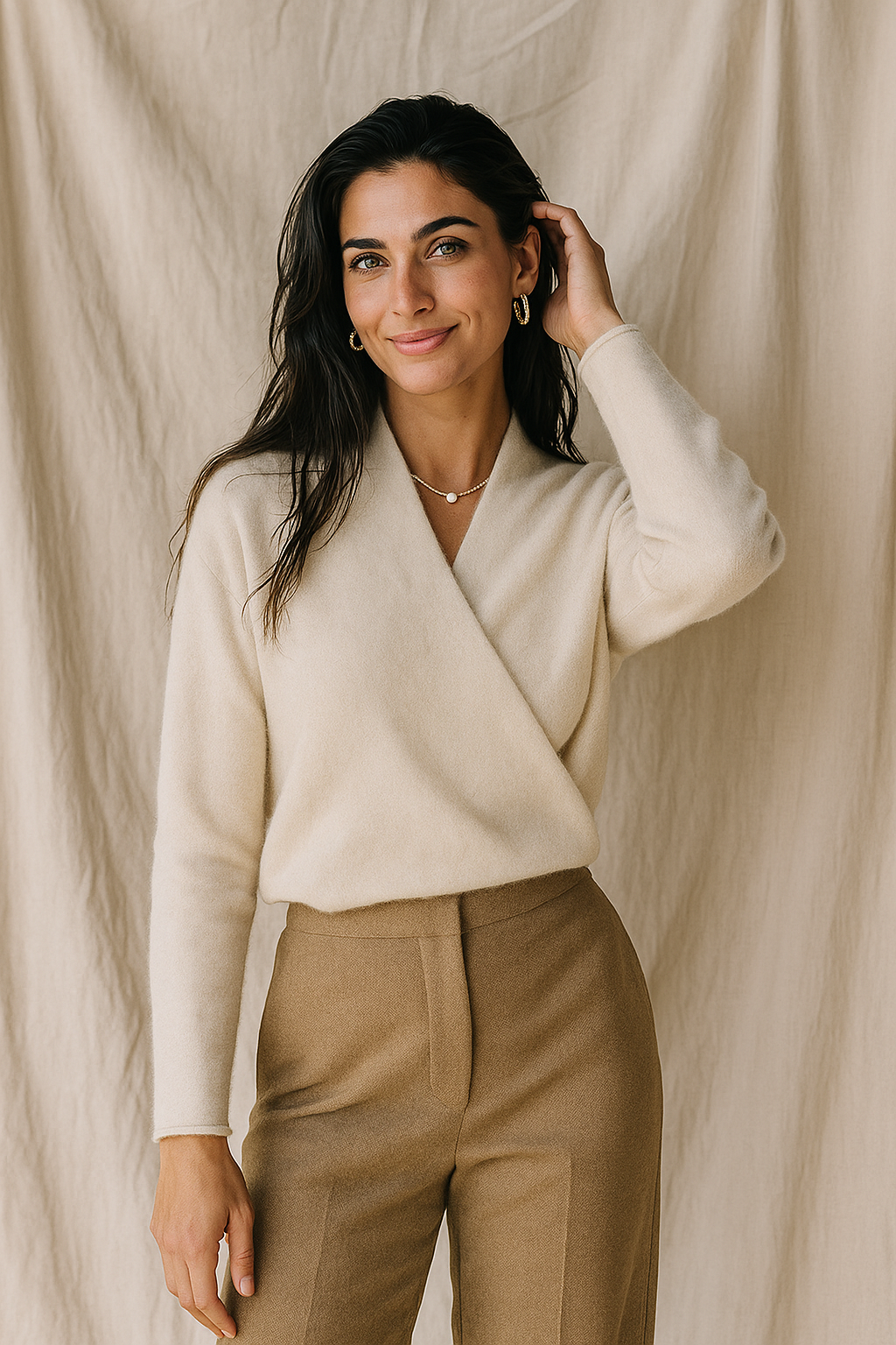 Jesie-London Elizabeth women's winter wrap V-neck knit sweater in cozy, elegant knit fabric, shown in a flattering fit.