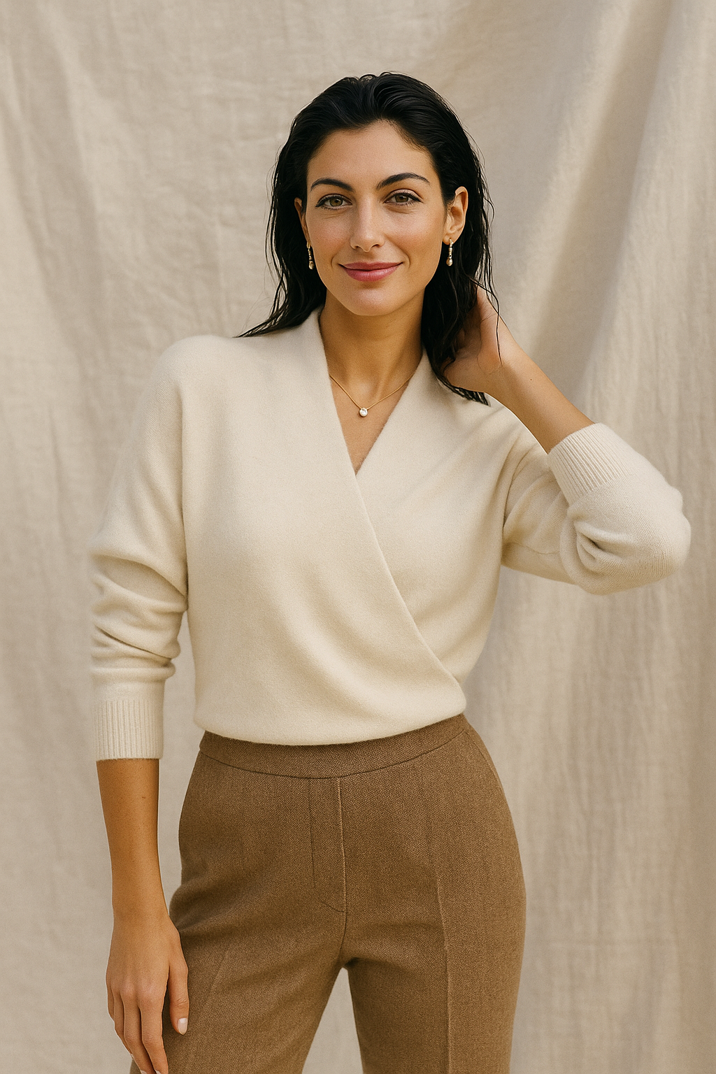 Women’s winter wrap V-neck knit sweater by Jesie-London, featuring an elegant design and cozy fit, displayed on a neutral background.