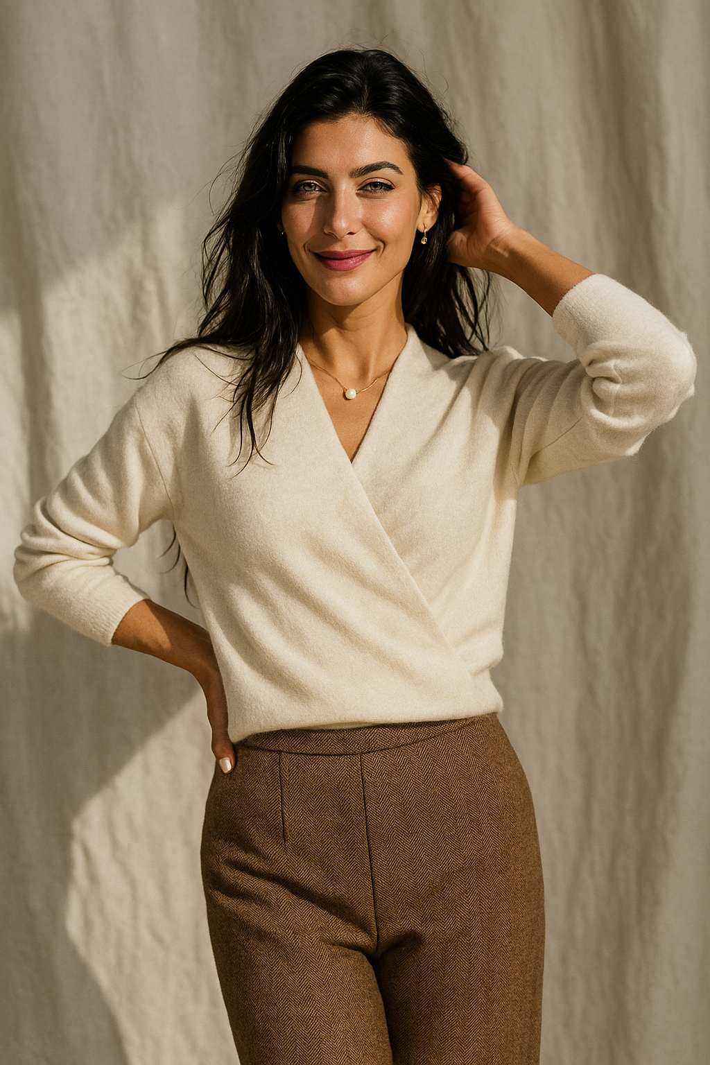 Jesie-London Elizabeth women's winter wrap V-neck knit sweater displayed on a model with a cozy, elegant look.