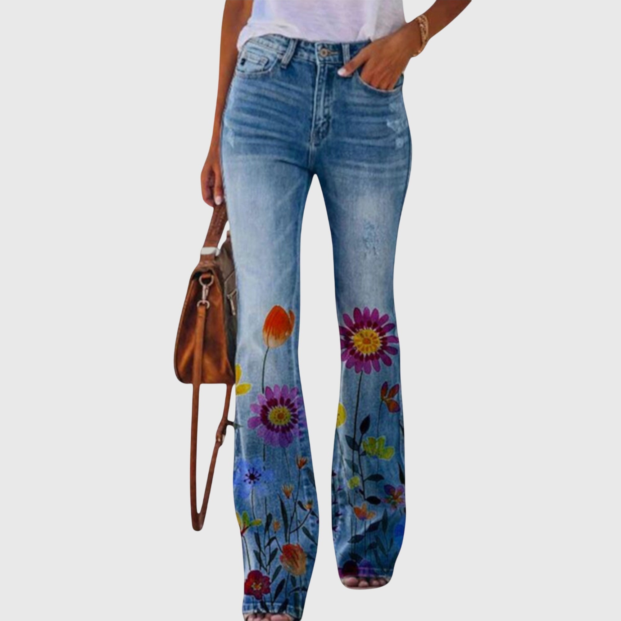 Laura women's floral printed skinny jeans by Jesie-London, featuring vibrant floral patterns and a fitted denim style.