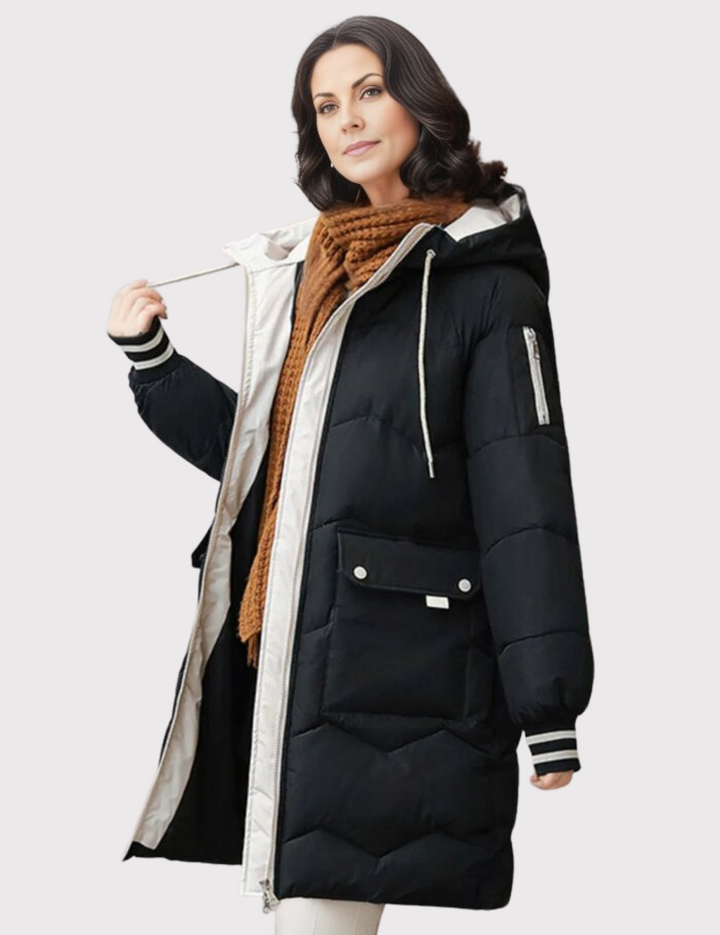 Jesie-London Freya women's hooded long winter warm jacket with plush lining and quilted design, suitable for cold weather.