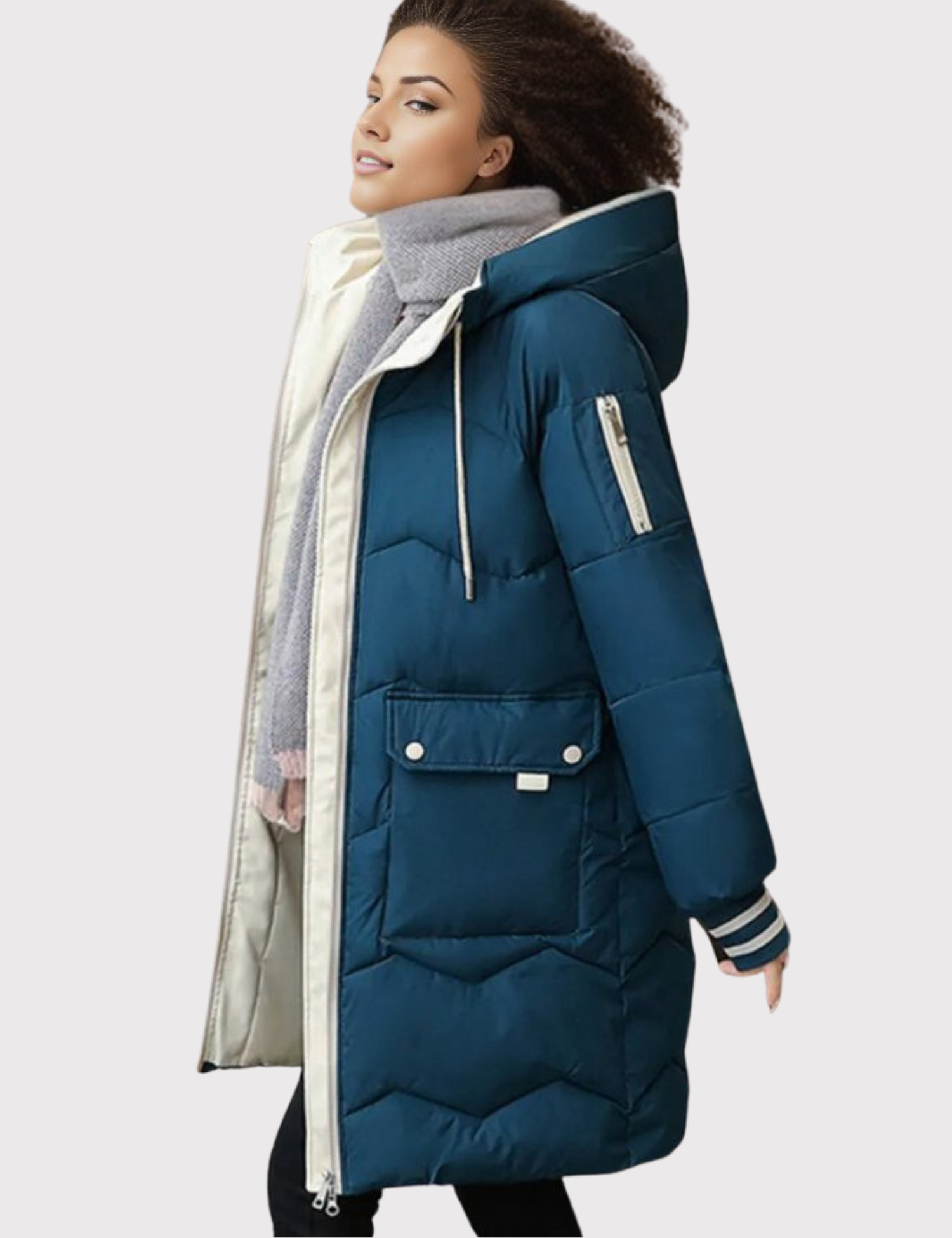 Jesie-London Freya women's hooded long winter jacket with warm insulation and cozy hood, designed for cold weather.