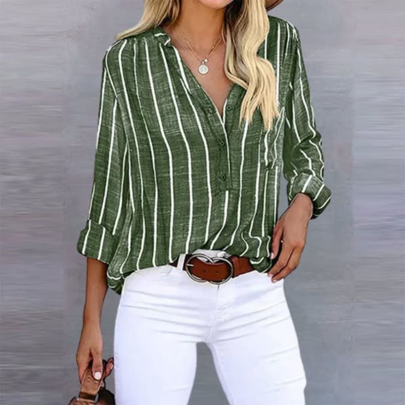 Jesie-London Freya women's striped long sleeve button top with a fitted silhouette and classic collar, shown in a casual setting.