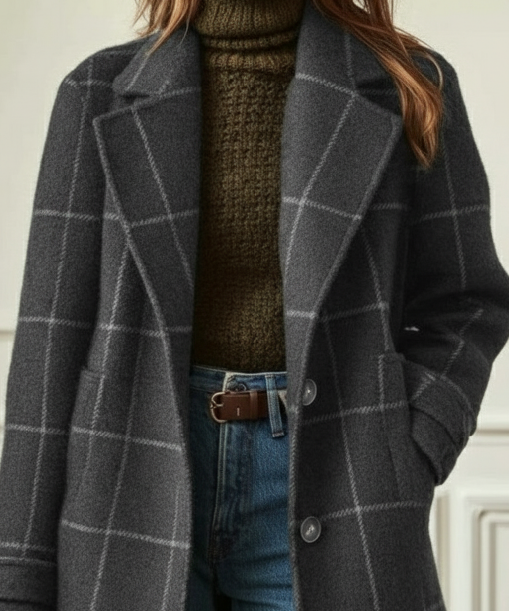 Jessica women's plaid button-front coat by Jesie-London, showcasing a stylish checkered design and front button closure.