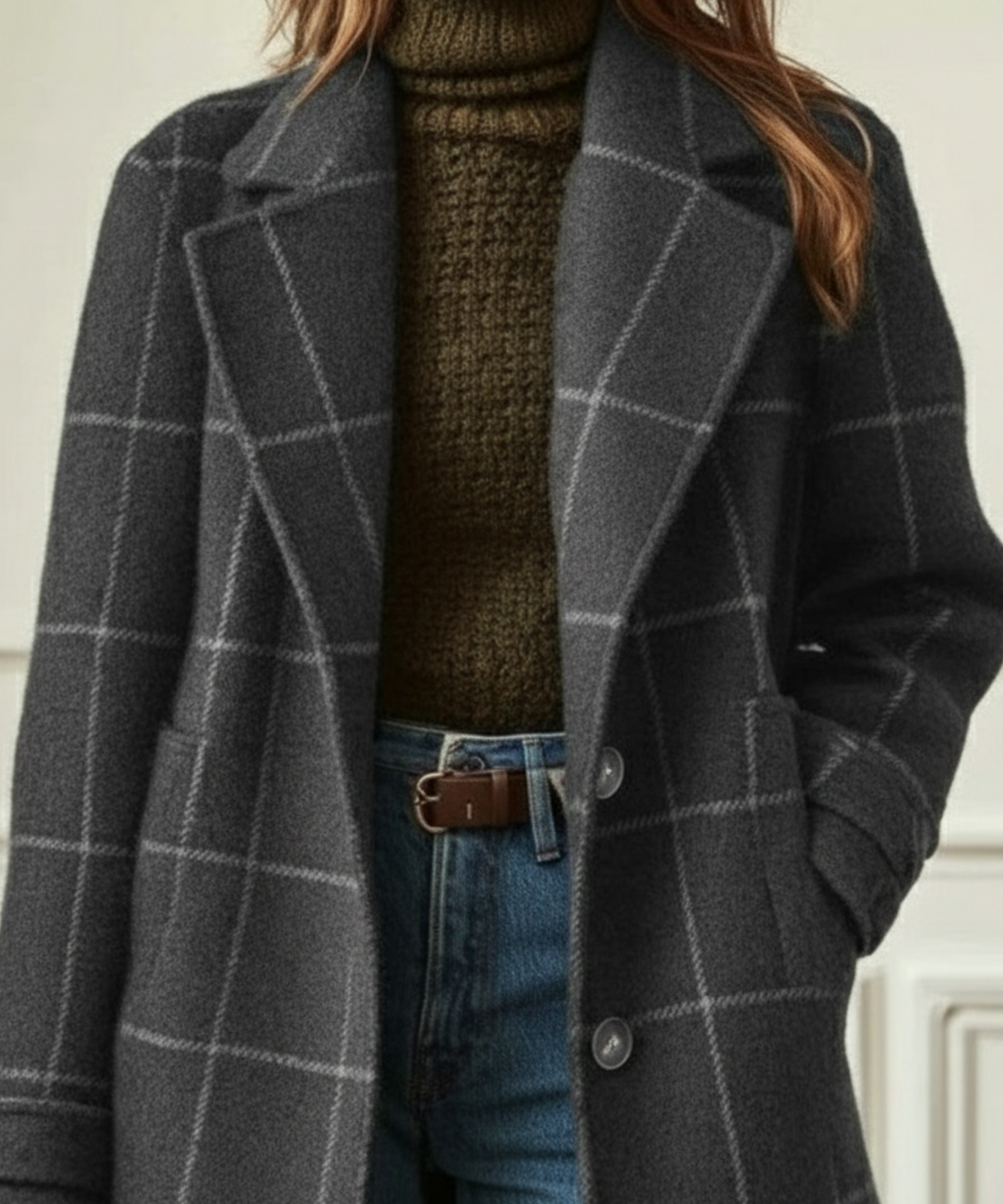 Jessica women's plaid button-front coat by Jesie-London, showcasing a stylish checkered design and front button closure.