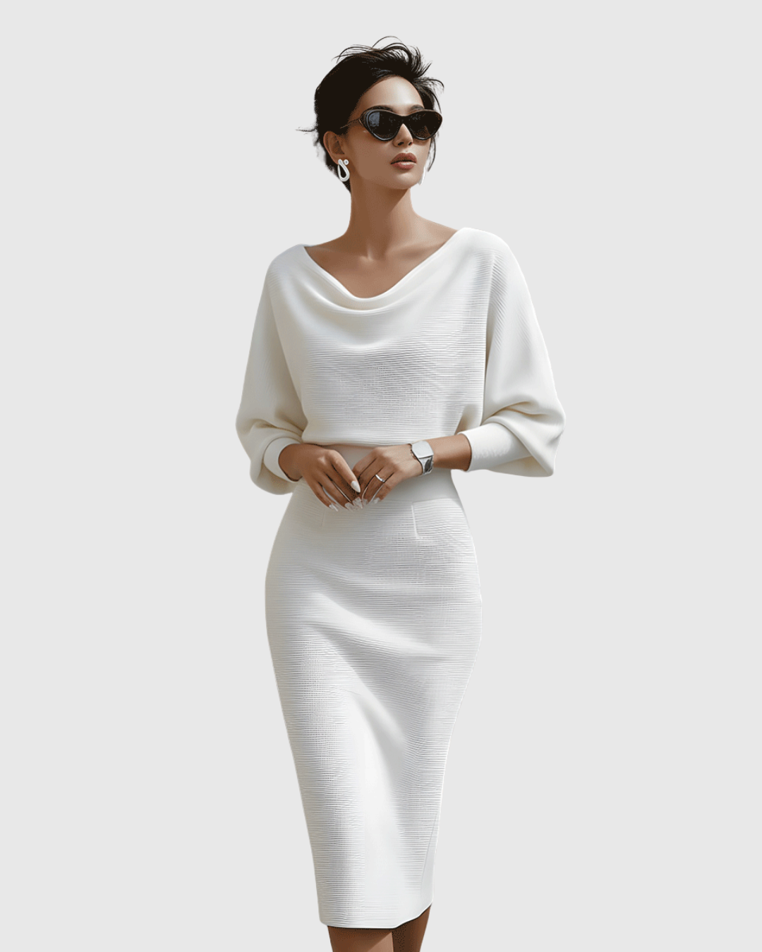 Jesie-London Grace women's elegant draped knit midi dress displayed on a model, showcasing its sophisticated style and flowing fabric.