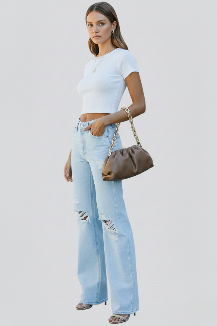 Jesie-London Laura women's wide-leg distressed high-waist jeans, front view showing ripped details and relaxed fit.