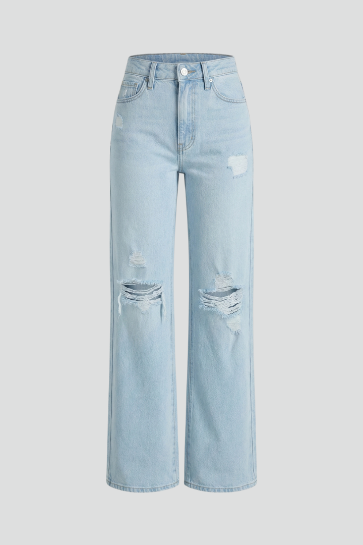 Women’s wide-leg distressed high-waist jeans from Jesie-London, featuring a relaxed fit and distressed details.
