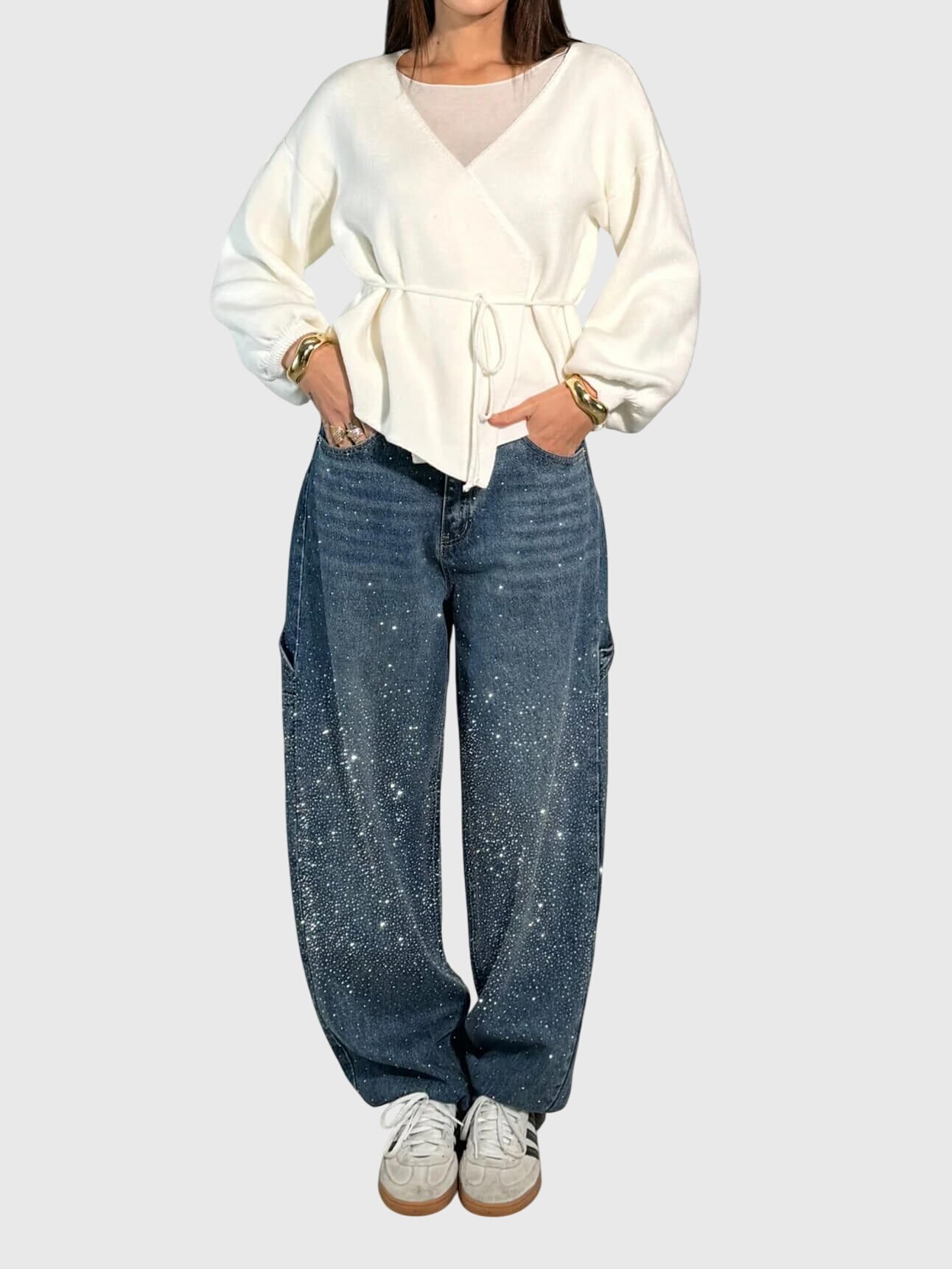 Jesie-London Clara women's sparkle diamond denim pants with shiny embellishments and classic five-pocket style, front view.