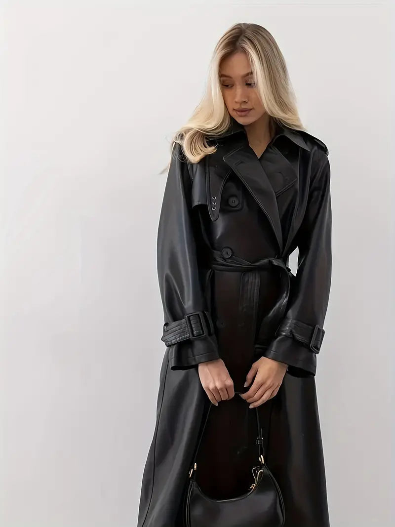 Jesie-London Madeline women's double-breasted trench coat in beige, featuring classic collar, waist belt, and knee-length style.