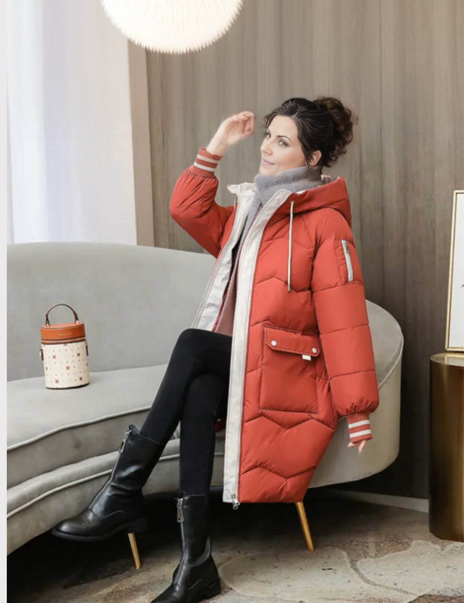 Jesie-London Freya women's hooded long winter jacket in warm fabric, featuring a hood and full-length design for cold weather.