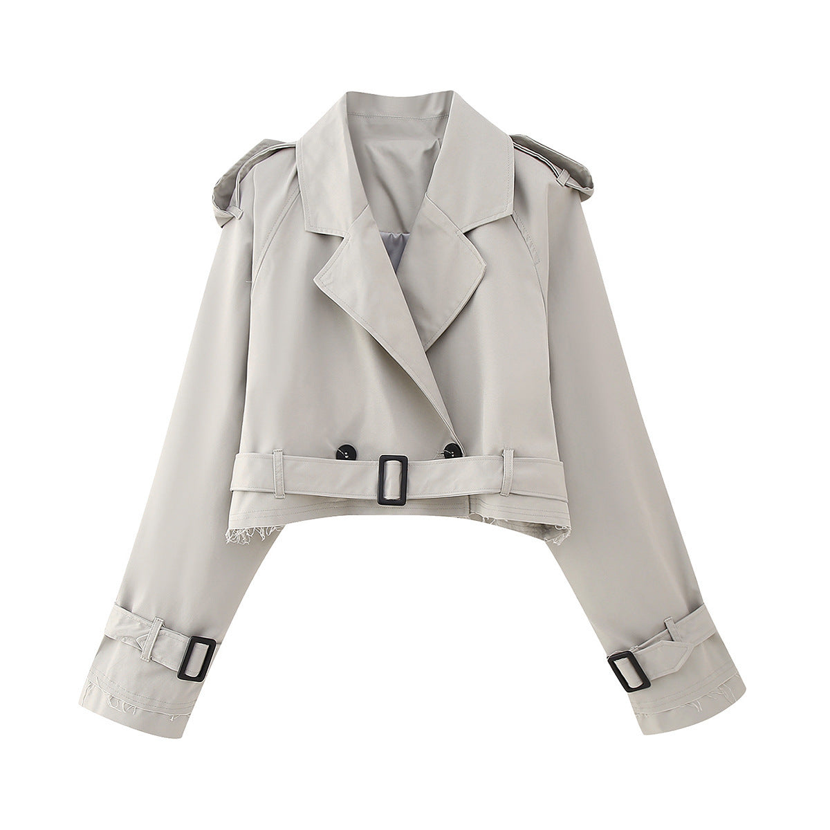 Jessica women’s short double-breasted trench coat by Jesie-London, stylish beige outerwear with classic lapels and waist belt.