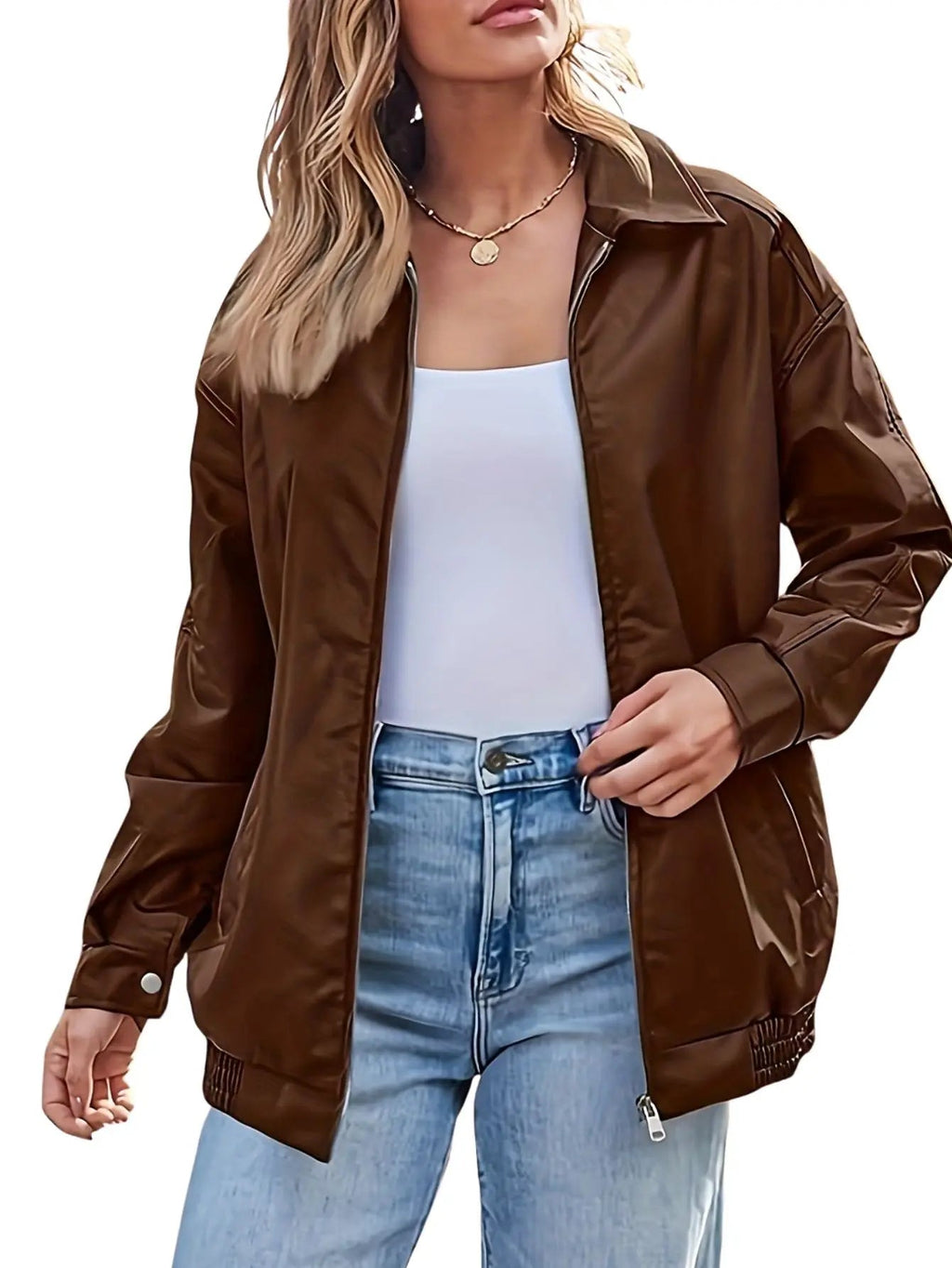Women’s oversized leather bomber jacket from Jesie-London's Eloise collection, featuring a classic, stylish design and durable leather material.