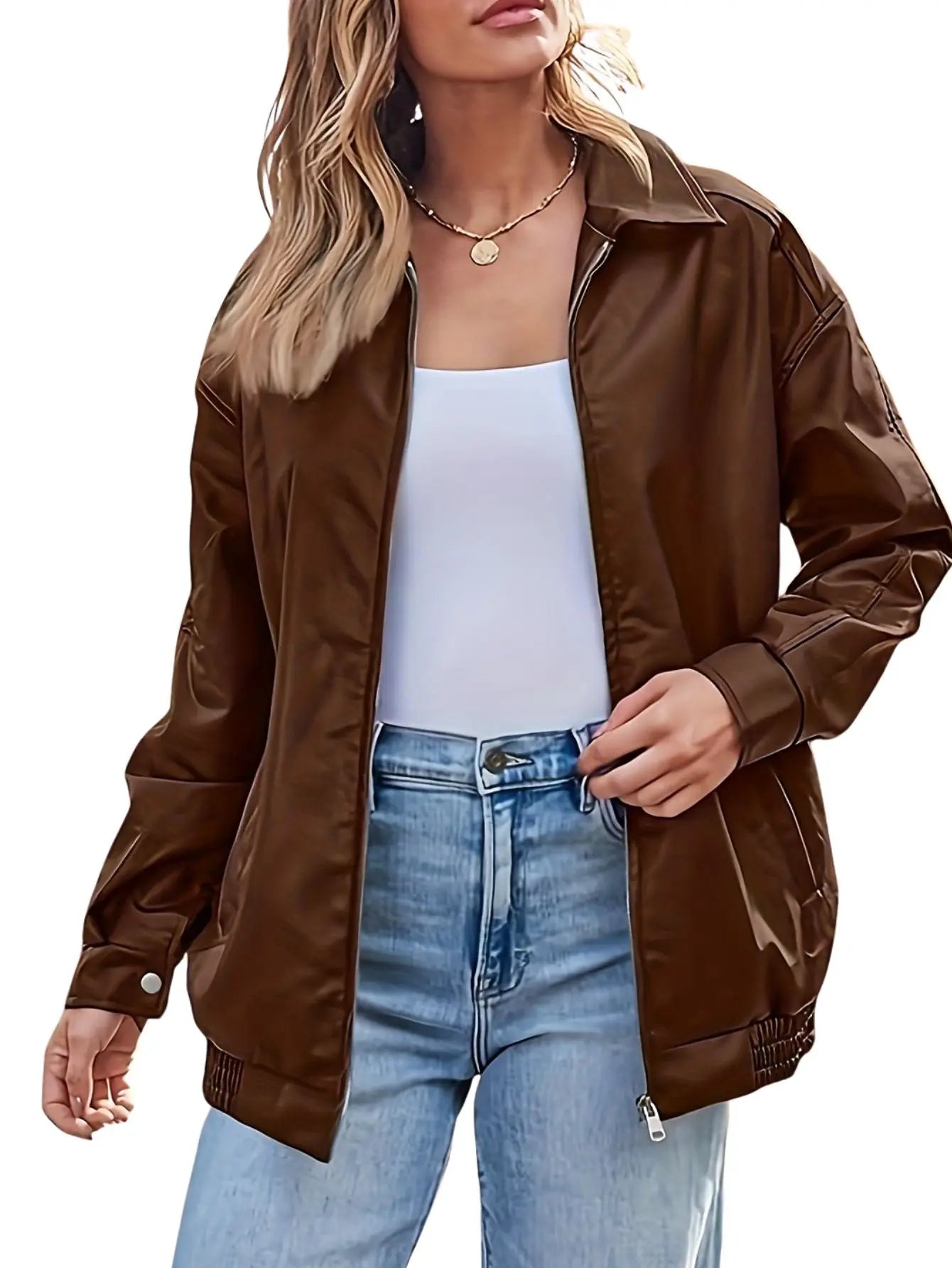 Women’s oversized leather bomber jacket from Jesie-London's Eloise collection, featuring a classic, stylish design and durable leather material.