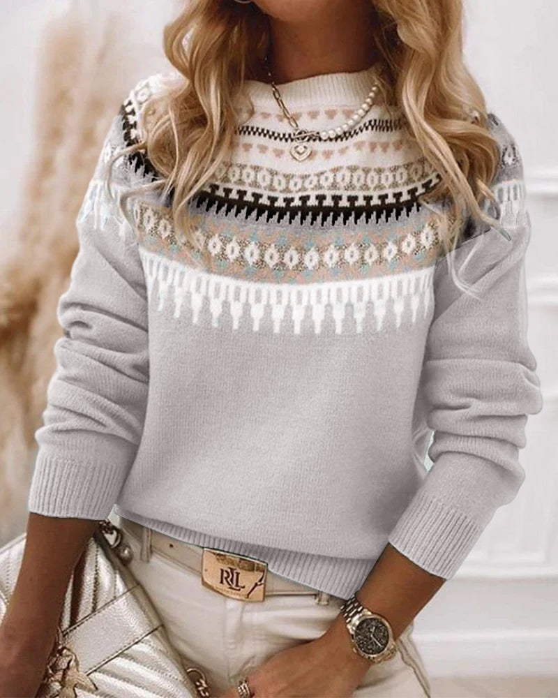Jesie-London Maya women's spring pattern crewneck sweater with colorful floral design and soft knit fabric.