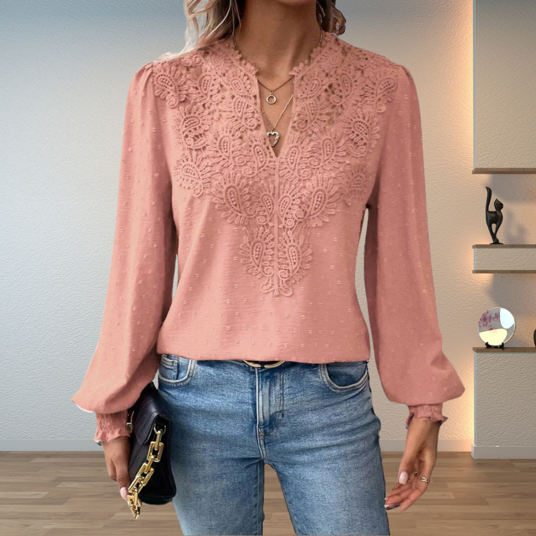 Jesie-London Darcey women's V neck long sleeve blouse with floral detailing and feminine style.
