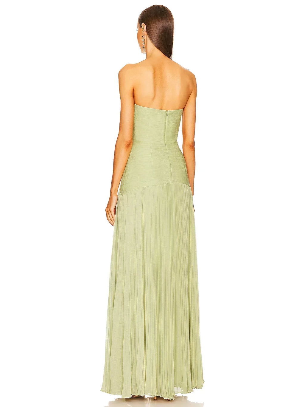 Jesie-London Clara women's strapless pleated maxi wedding guest dress, elegant floor-length gown with a flowing design and pleated bodice.