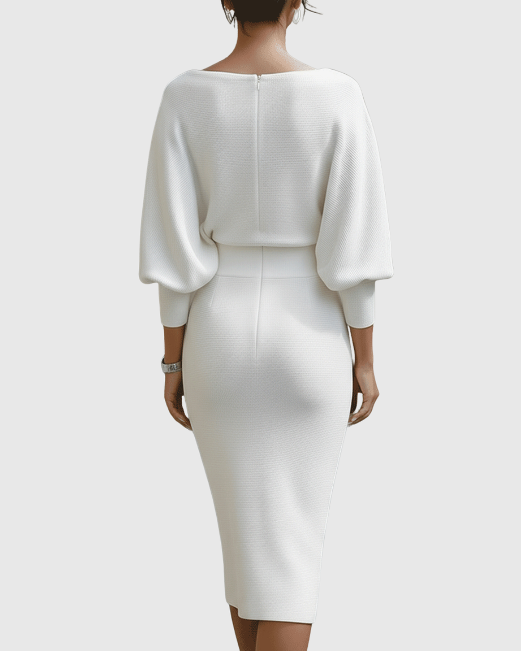 Jesie-London Grace women's elegant draped knit midi dress displayed on a model, showcasing its stylish, flowing design.