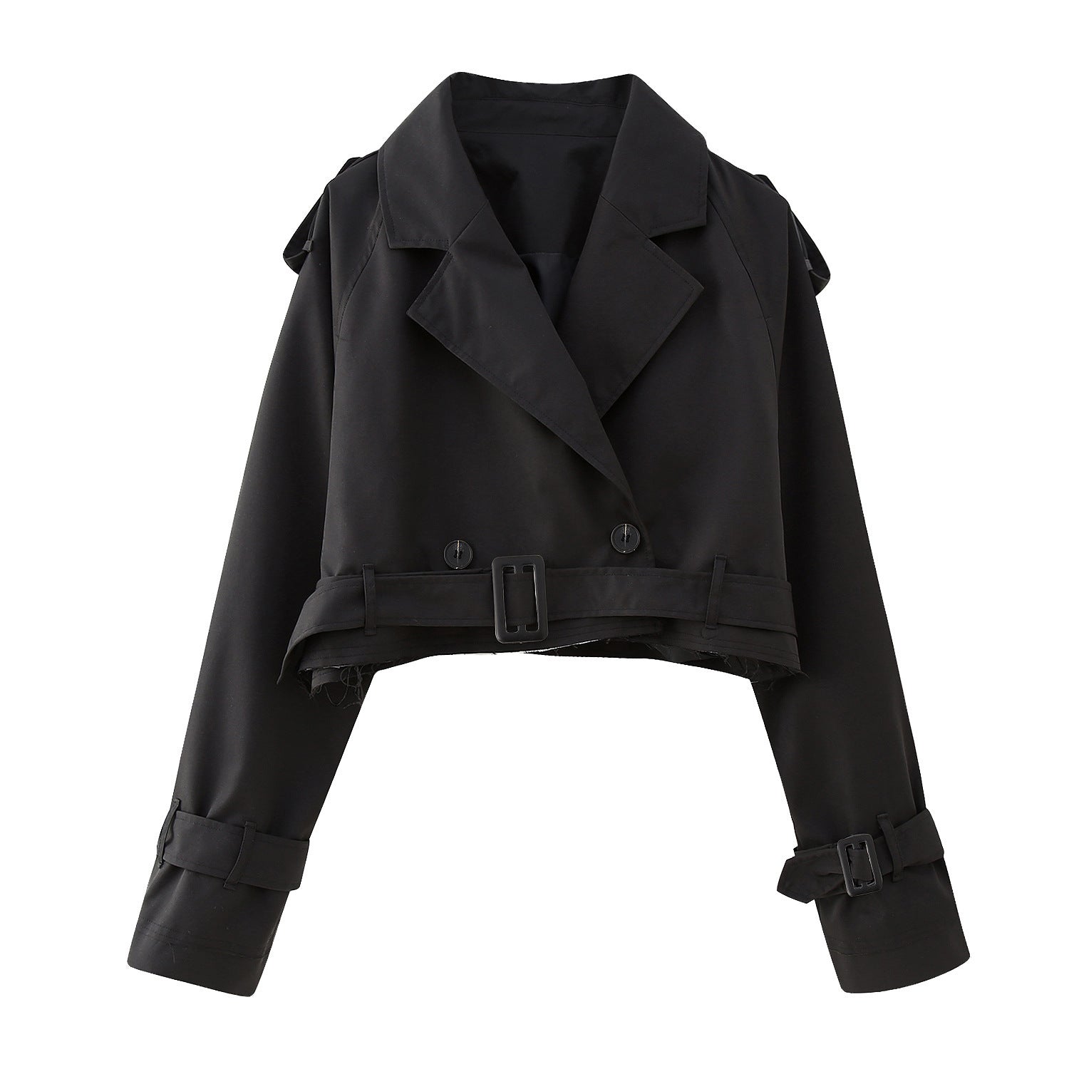 Jessica women's short double-breasted trench coat by Jesie-London, shown in stylish beige fabric with classic lapels and belt.