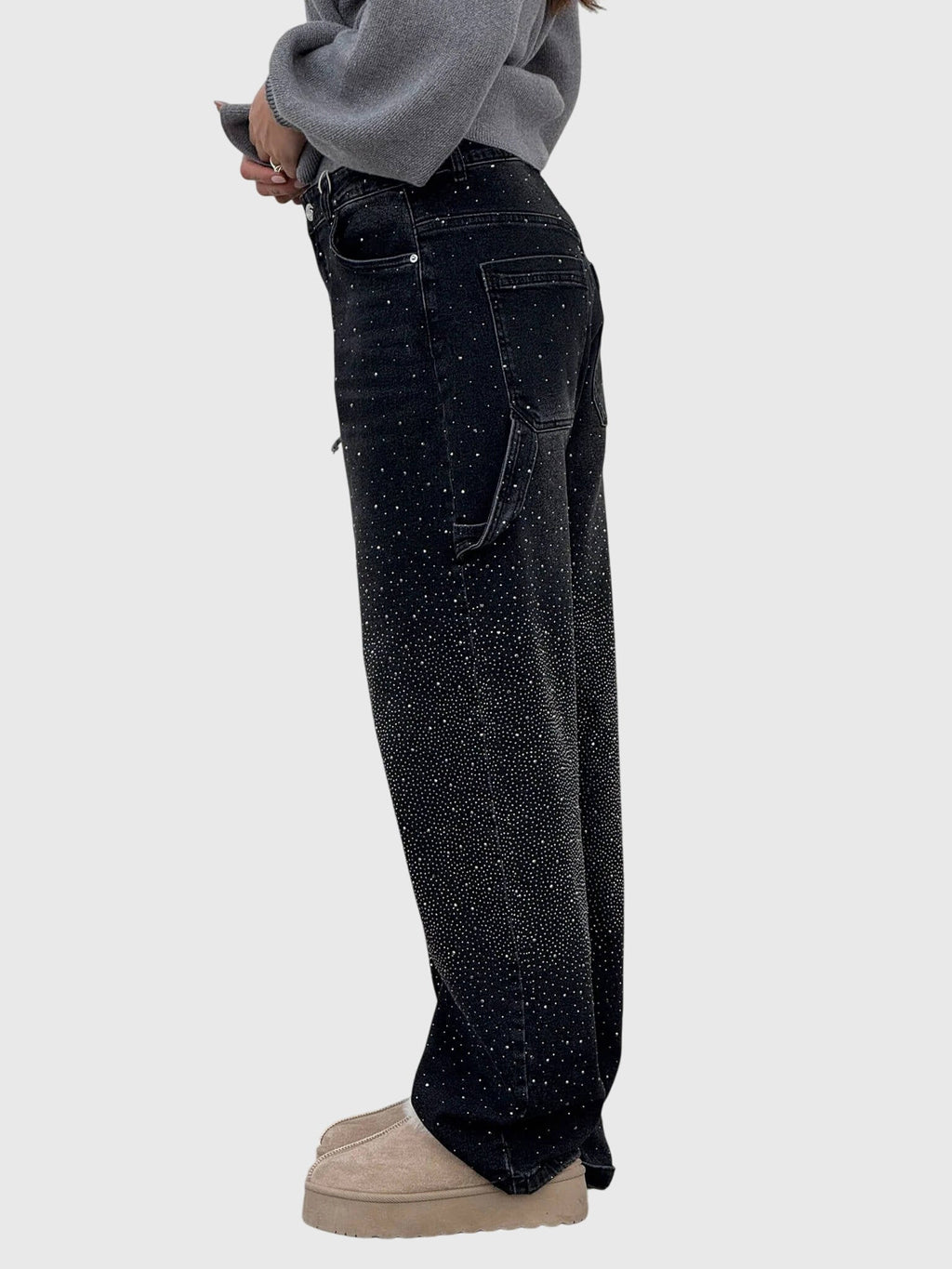 Women’s sparkle diamond denim pants by Jesie-London, featuring glittering diamond embellishments and a classic denim fit.