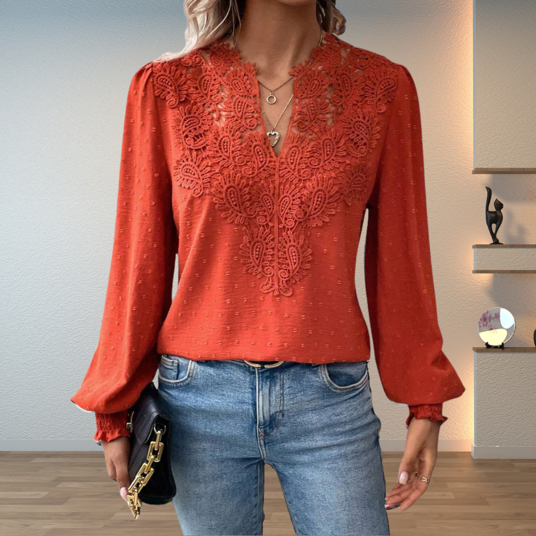 Jesie-London Darcey women's V-neck long sleeve blouse with floral details, featuring a stylish and elegant design.