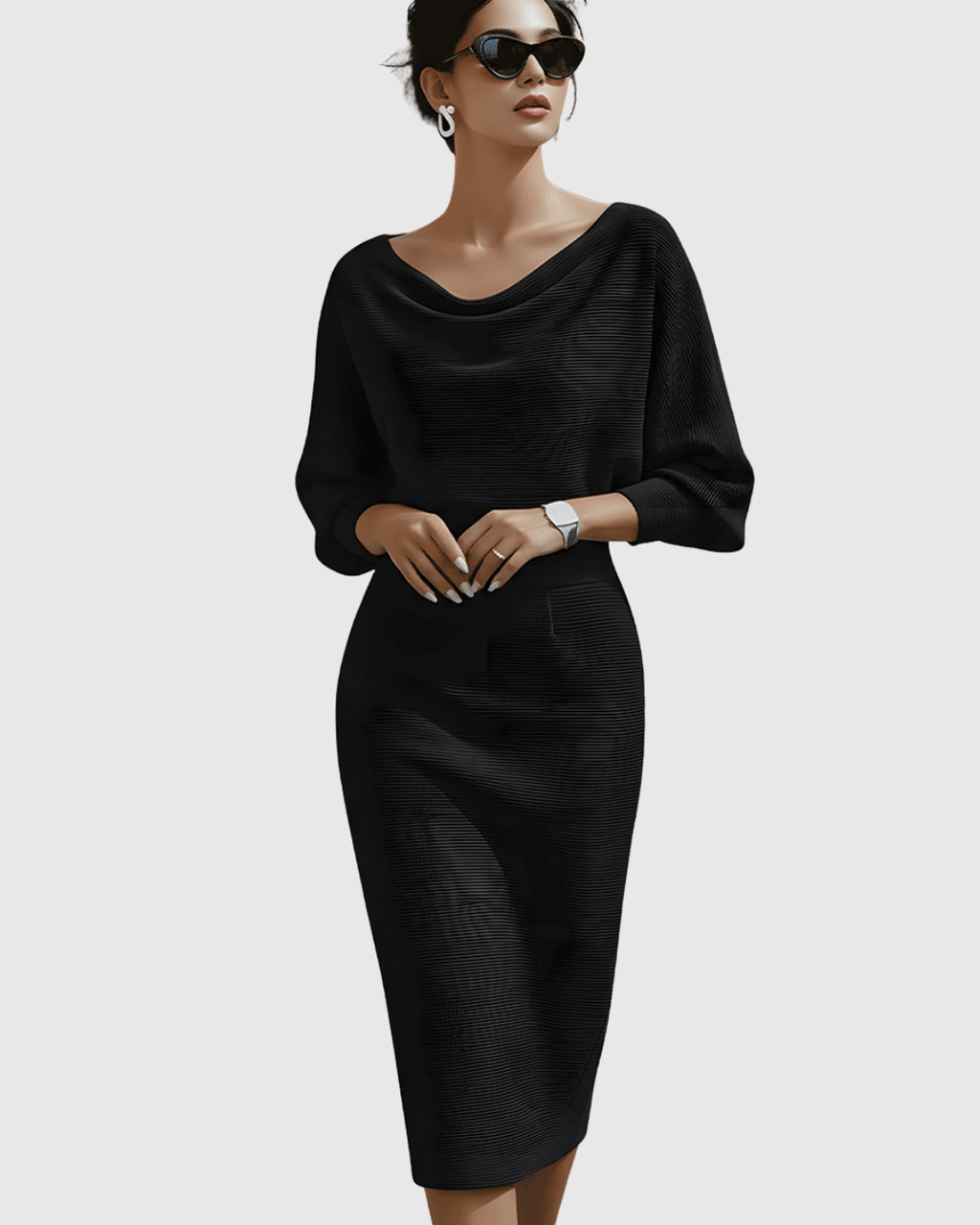 Jesie-London Grace women's elegant draped knit midi dress, shown in a stylish, flowing design with a sophisticated silhouette.