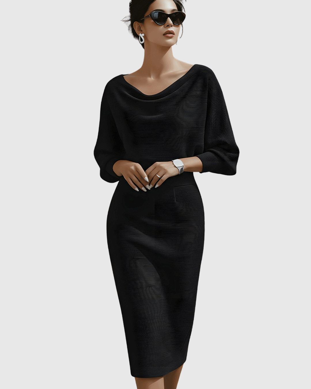 Jesie-London Grace women's elegant draped knit midi dress, shown in a stylish, flowing design with a sophisticated silhouette.