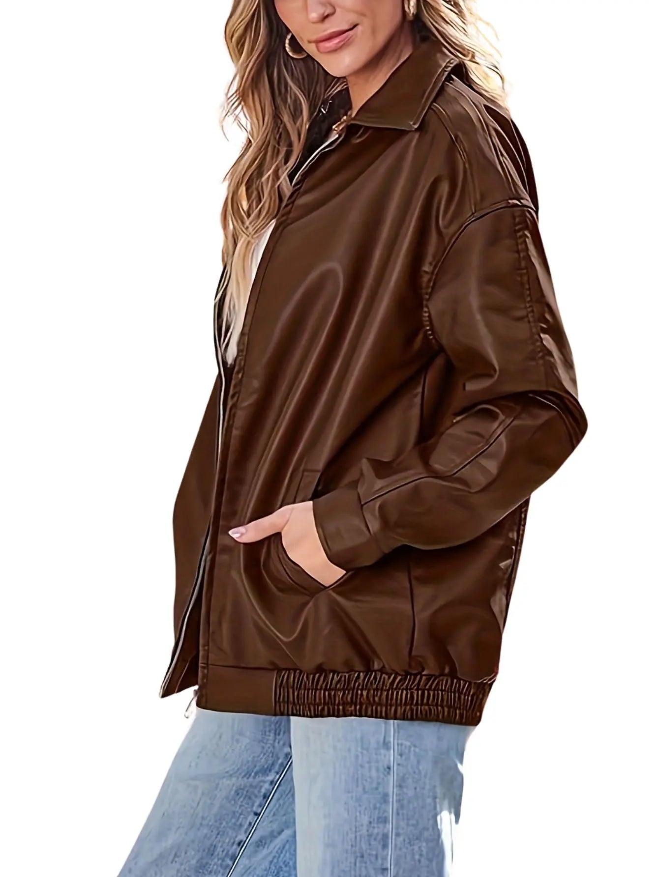 Eloise women's oversized leather bomber jacket by Jesie-London, featuring a classic design and a relaxed fit in soft leather.