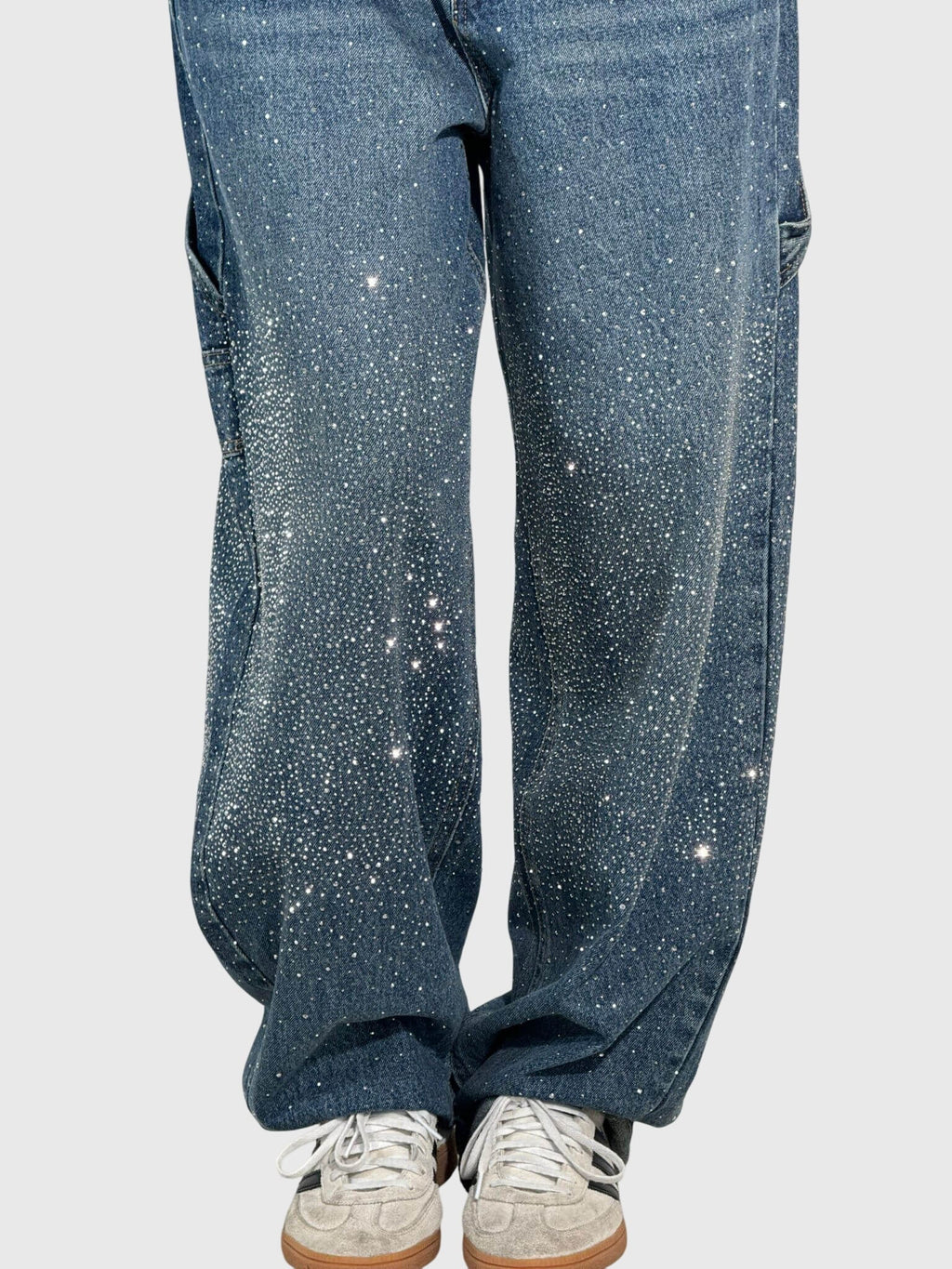 Women’s sparkle diamond denim pants by Jesie-London featuring shiny embellishments and classic denim style.