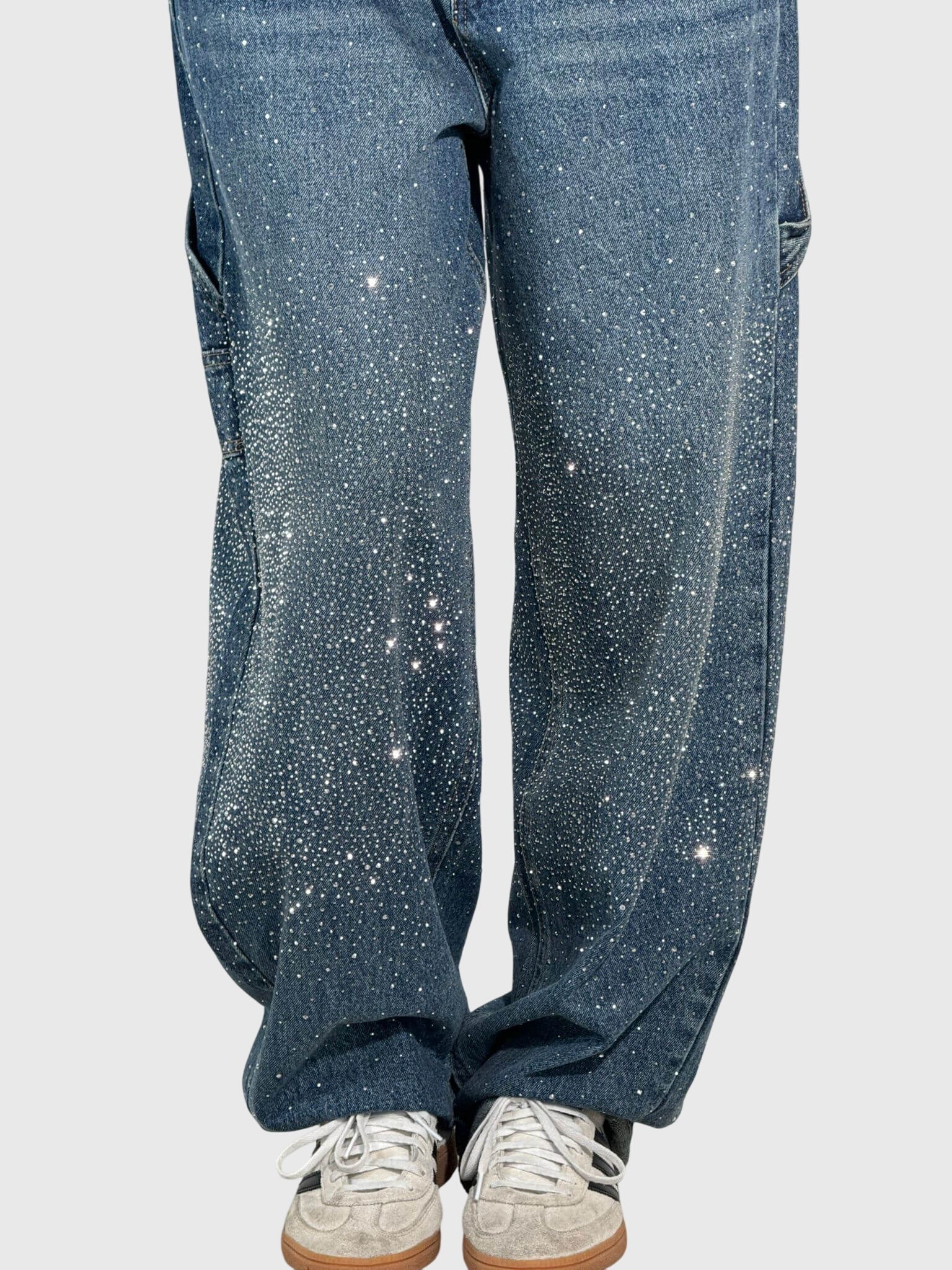 Women’s sparkle diamond denim pants by Jesie-London featuring shiny embellishments and classic denim style.