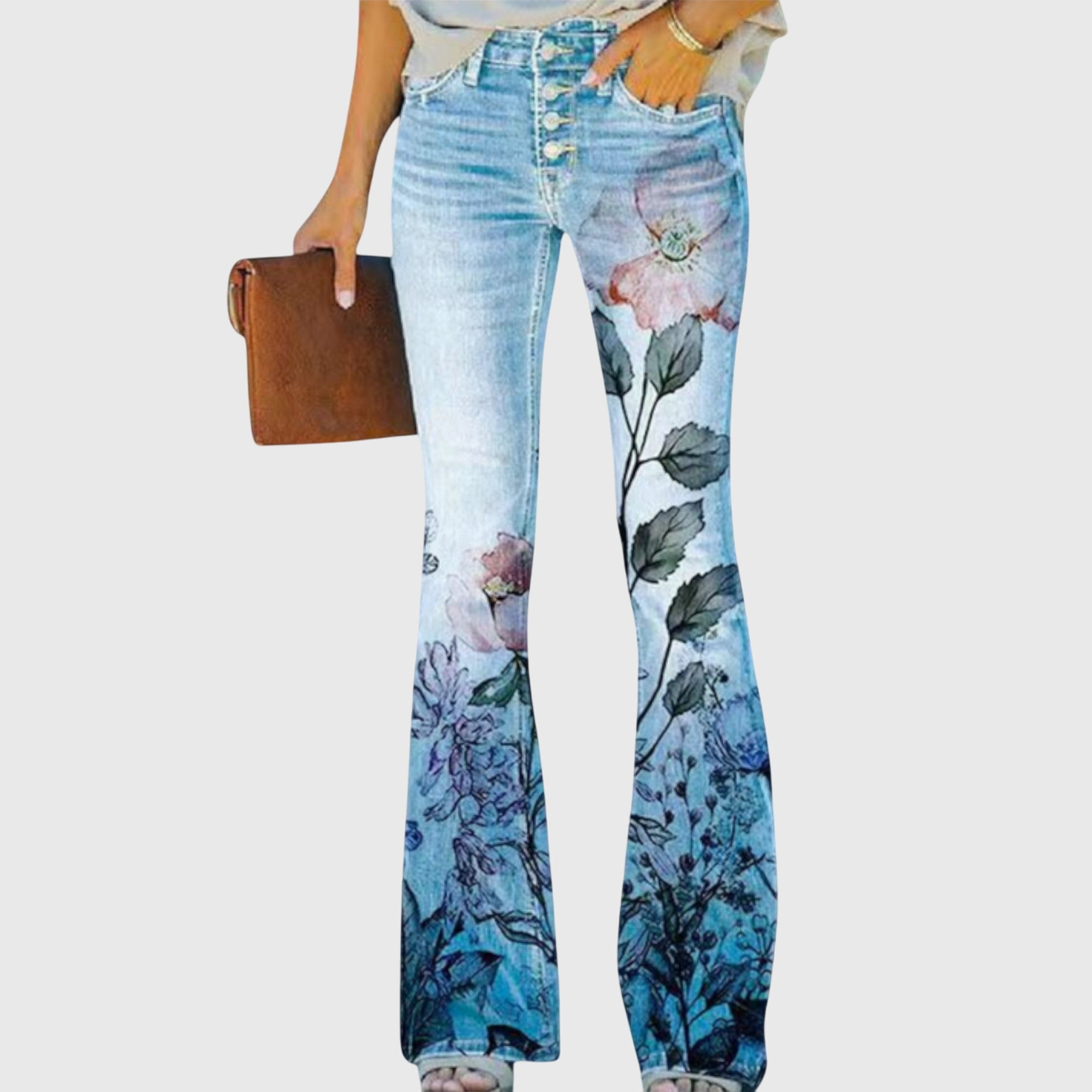 Women's floral printed skinny jeans by Jesie-London featuring vibrant floral patterns and a fitted silhouette.
