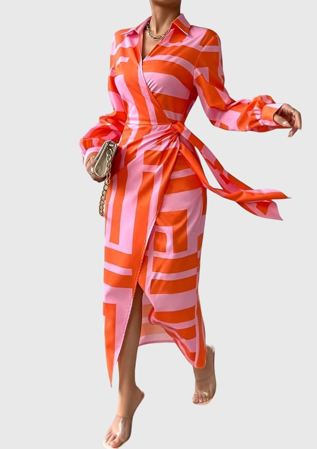 Emma women's striped wrap midi dress by Jesie-London, featuring a stylish wrap design with bold horizontal stripes.